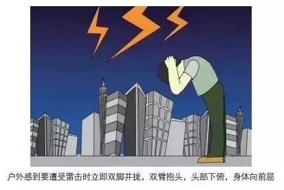 戶(hù)外感到要遭受雷擊時(shí)立即雙腳并攏，雙臂抱頭，頭部下俯，身體向前屈