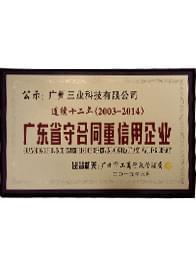 獲“連續十二年（2003-2014）廣東省守合同重信用企業(yè)”牌匾